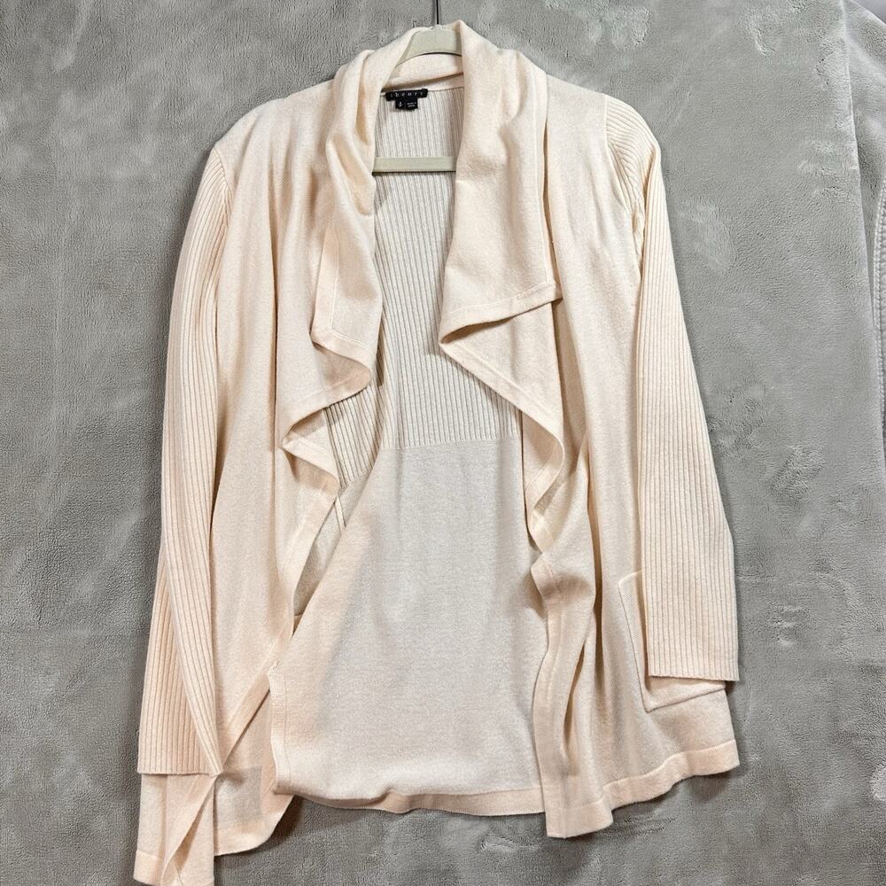 Theory Cashmere Open Cardigan Sweater Size Small Cream Luxury Mid Length